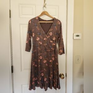 Garnet Hill Brianna Faux Floral Wrap Dress Taupe with Pink Blue Size Large